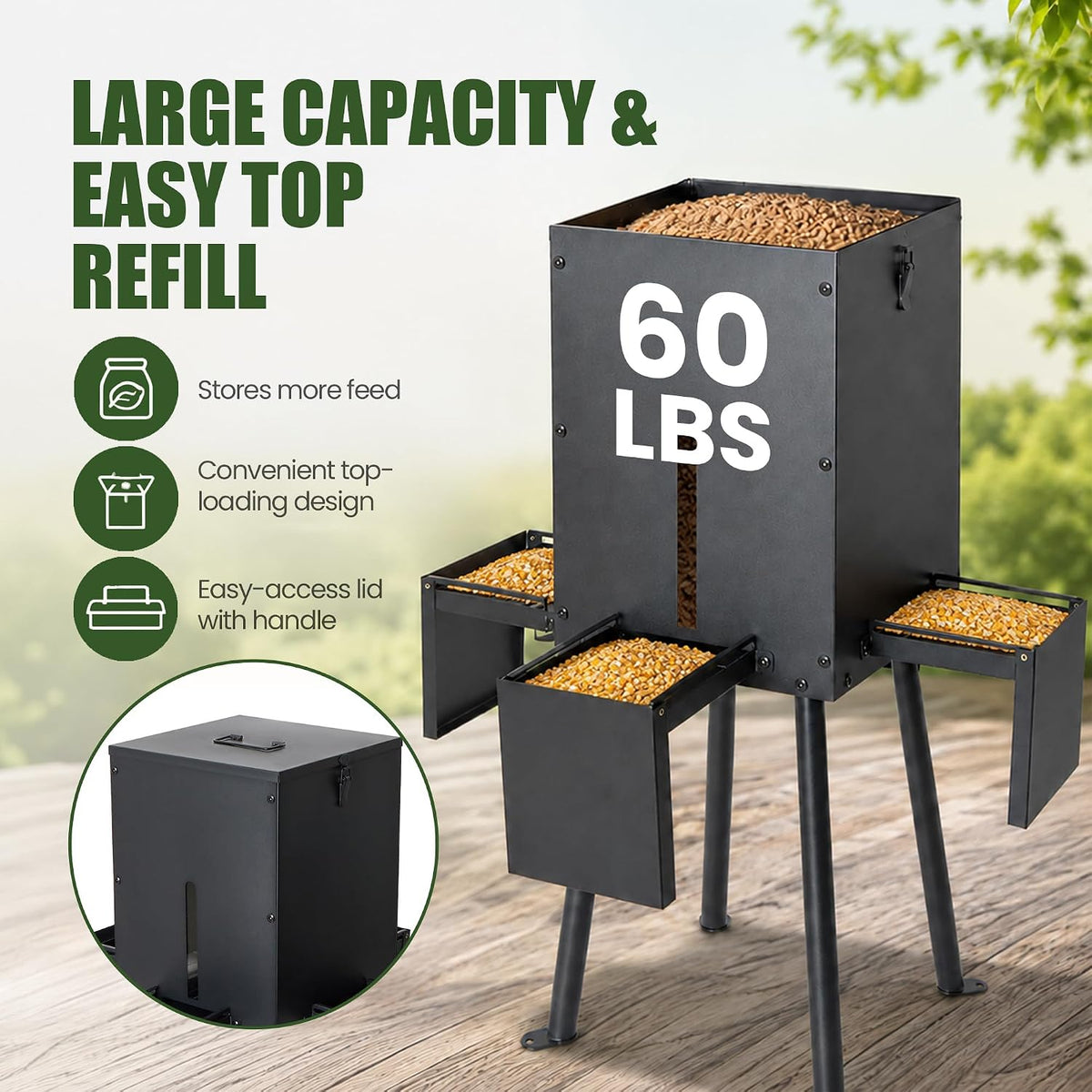 Gravity Deer Feeder with 4 Feeding Trays, Heavy - Duty Fodder Dispenser