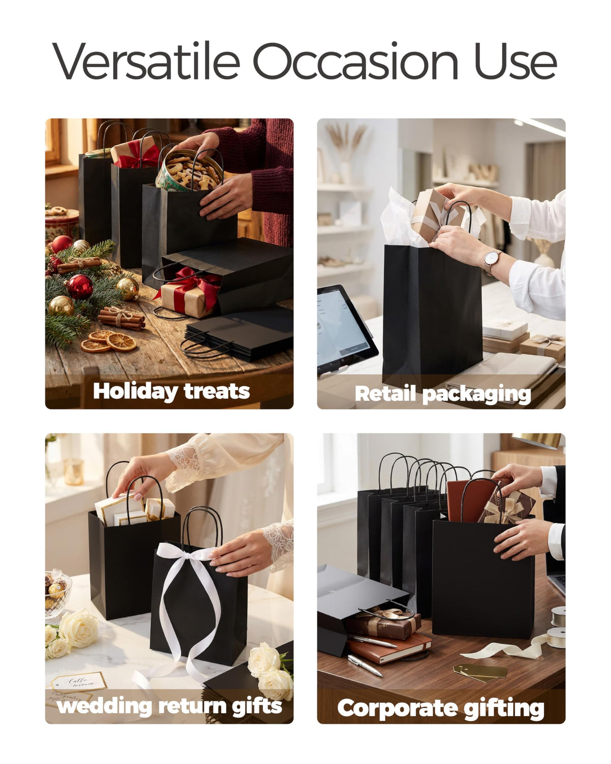 25-Pack Medium Black Gift Bags with Handles for Retail, Halloween