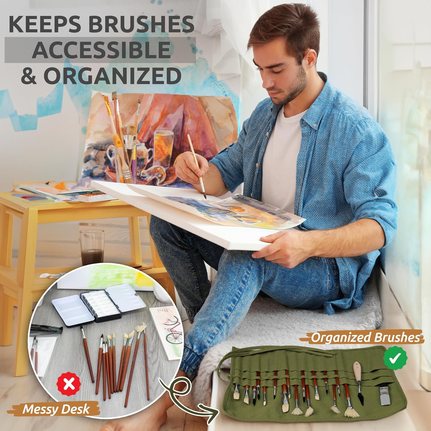 30-Slot Roll-Up Paint Brush Holder, Premium Canvas Brush Organizer for Artists, Washable Travel Brush Case for