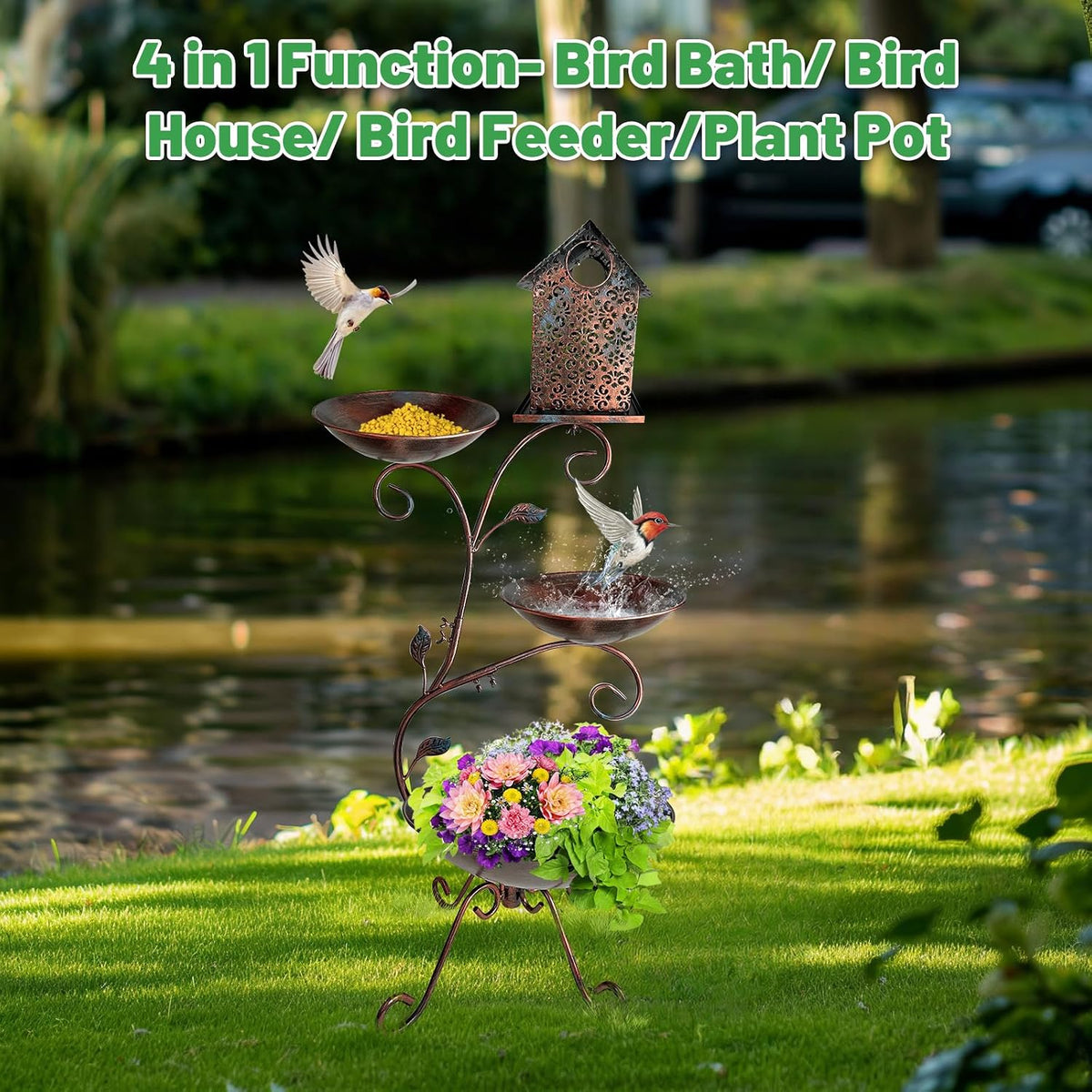 Bird Bath for Outside, 37" Antique Brass Metal Bird Bath Outdoors with Solar Lights, 4-in-1 Rust-Resistant Bird