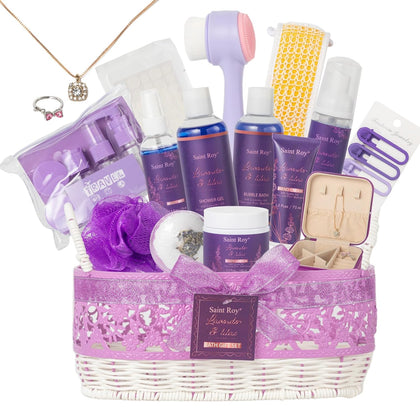 Mothers Day Gifts for Women, 25Pcs Lavender Bath and Body Gift Basket, Facial Skin Care Set, Spa Kit, Self-Care Set