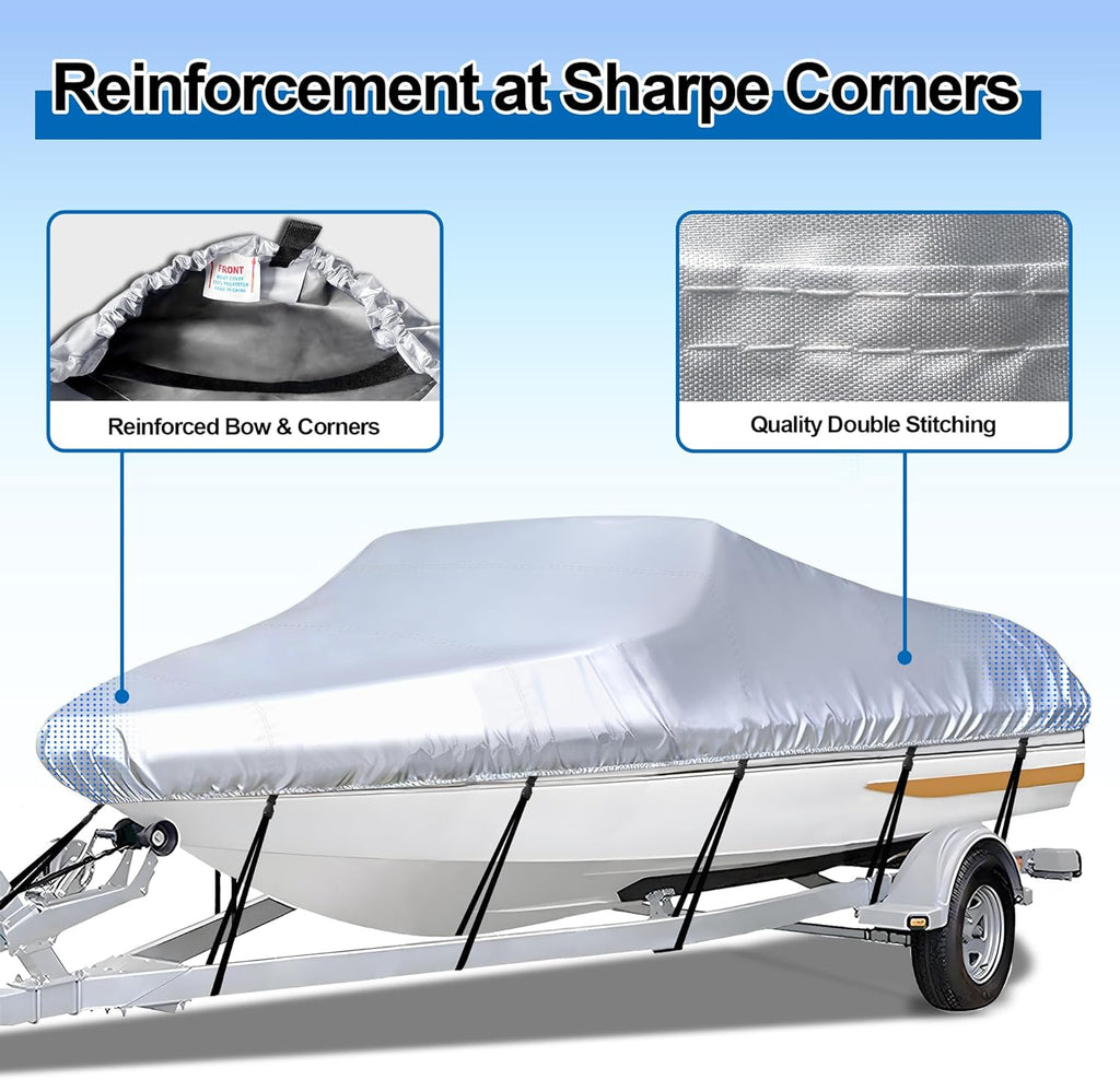 iCOVER Trailerable Boat Cover- 16'-18.5' Heavy Duty Waterproof Tarp Covers with Storage Bag, Fits V-Hull, Fish&Ski