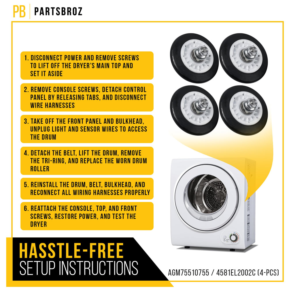 Dryer Rollers Kit for LG GDP1329QGD (4-Pack)
