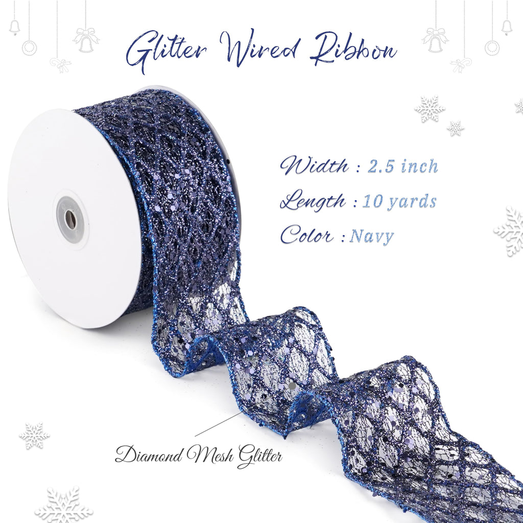 Navy Blue Mesh Wired Ribbon 2.5 Inch 10 Yards