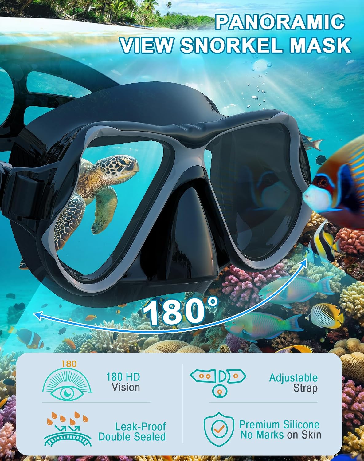 Snorkeling Gear for Adults Kids, Dry Snorkel Mask Set Anti-Fog | Panoramic Wide View Leak-proof, Swim Diving Mask
