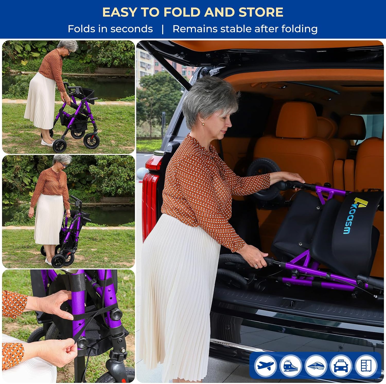 Foldable Rollator Walker for Seniors with Seat, Lightweight 2 in 1 Rolling Walkers Wheelchair Combo for Adult