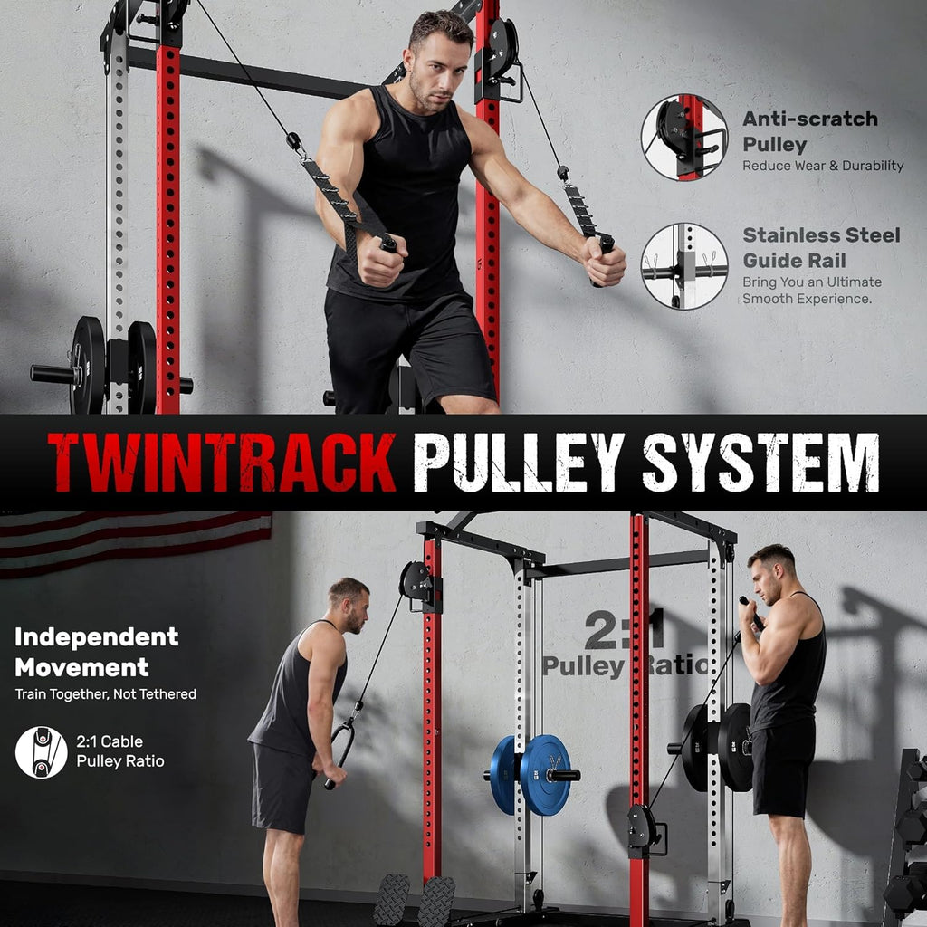 DP01 Power Cage, 2000LBS Squat Rack with Cable Crossover and Dual Independent Pulley System, Full Cage for Full Body