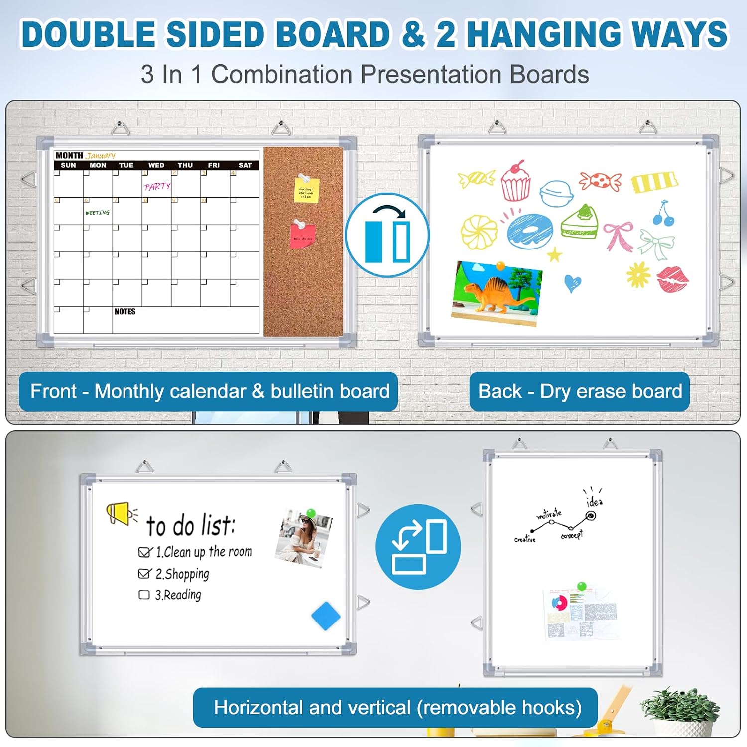 Calendar Whiteboard for Wall, 17" x 13" Double Sided Monthly Dry Erase Board Calendar for Office, Home, School