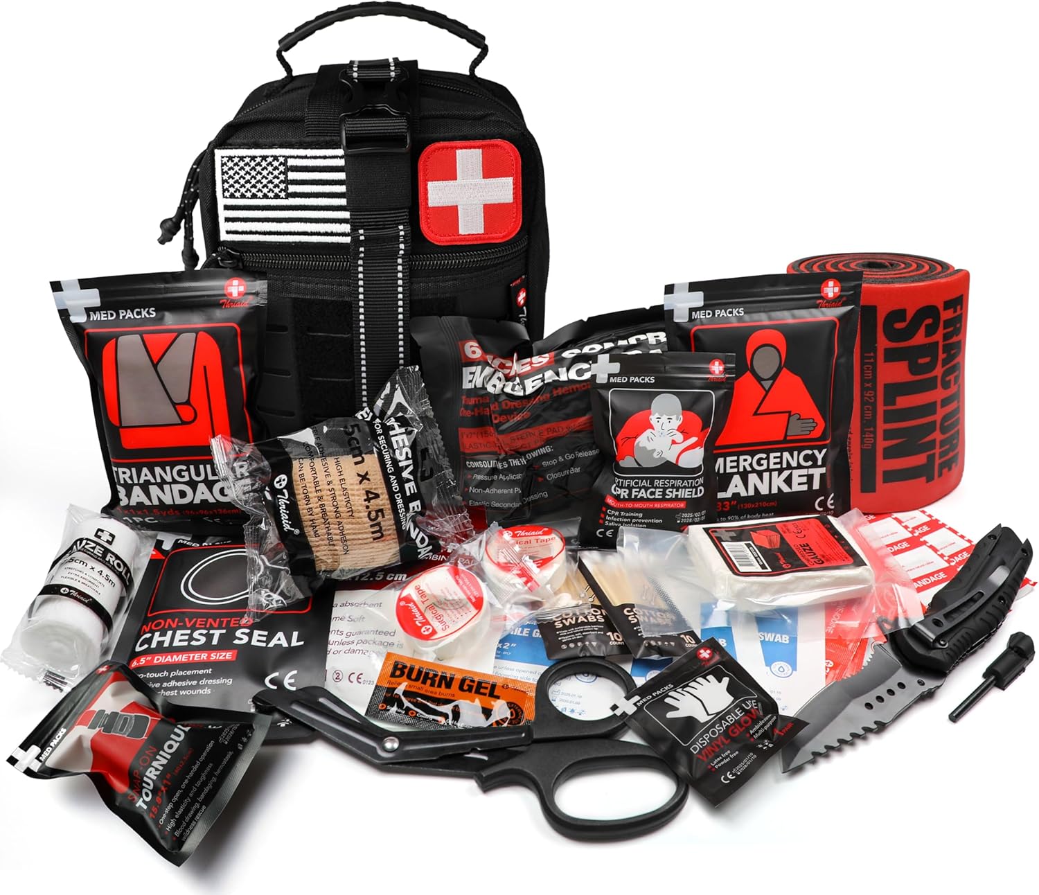 Survival First Aid Kit with Israeli Bandage, Chest Seal, Tourniquet, Splint, Tactical Military Combat Molle IFAK for
