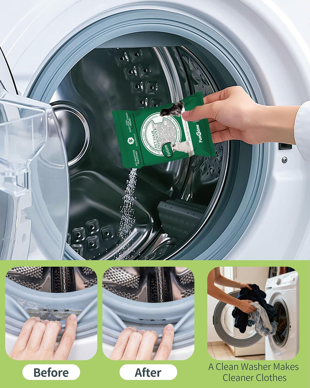 Pet Hair Dissolver Washing Machine Cleaner Powder, 4 Sachets