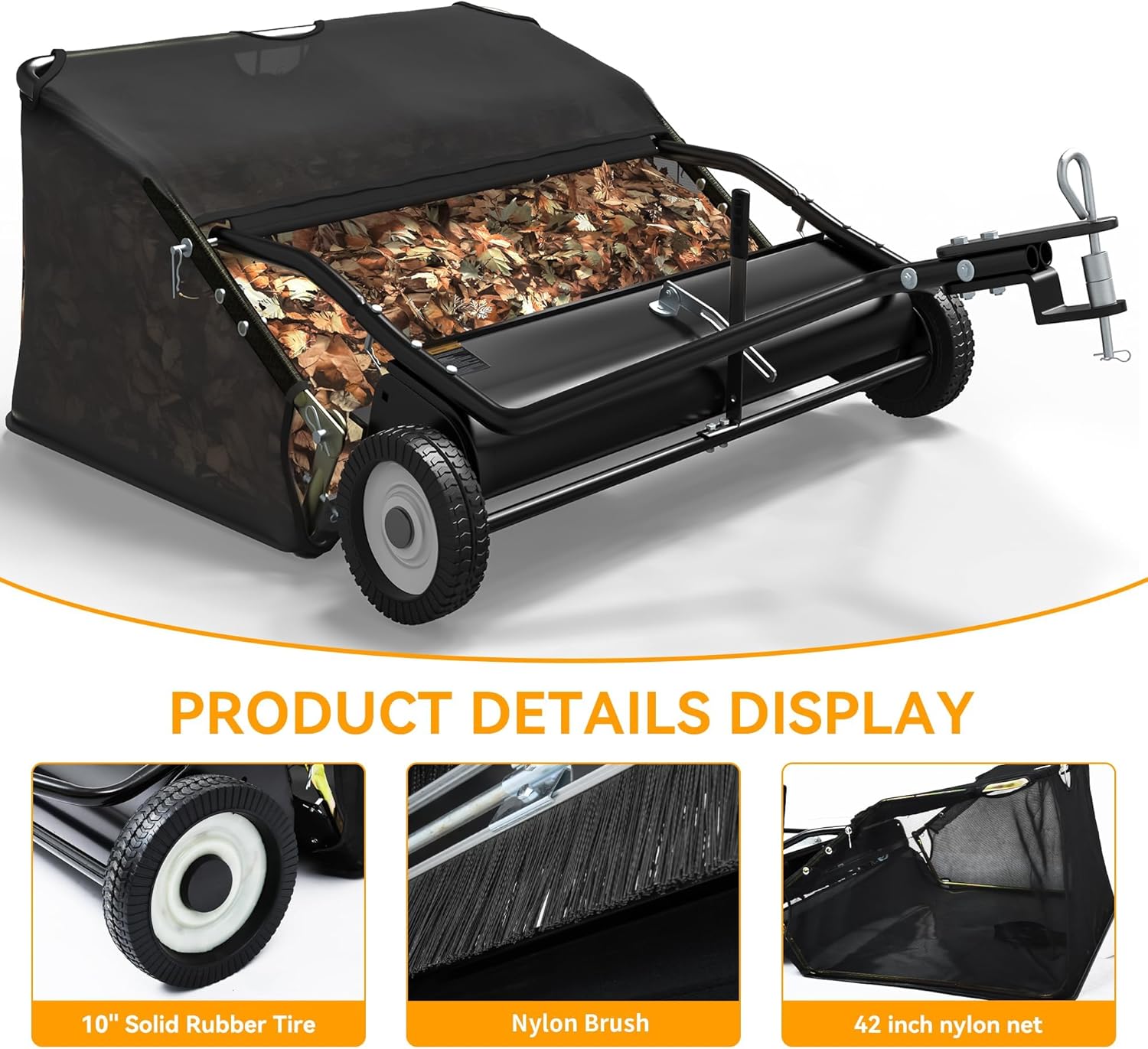 42in Tow Behind Lawn Sweeper, 20 cu. Ft Leaf Grass Collector