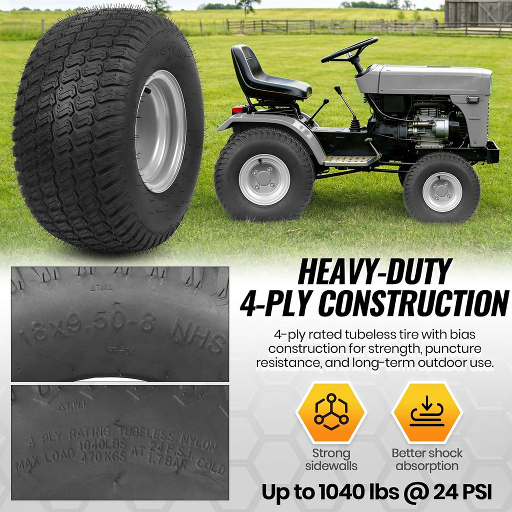 2-Pack 18x9.5-8 Lawn Mower Tire and Wheel Assembly, 4-Ply Tubeless Turf Tires on Silver Rim, 4 Lug 4" Bolt Pattern