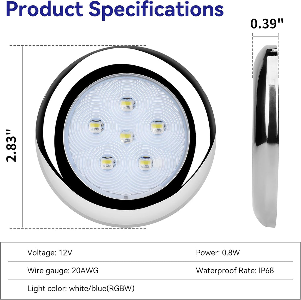 RVZONE 3" White & Blue Dual‑Color Boat Courtesy Lights, 2‑Pack IP68
