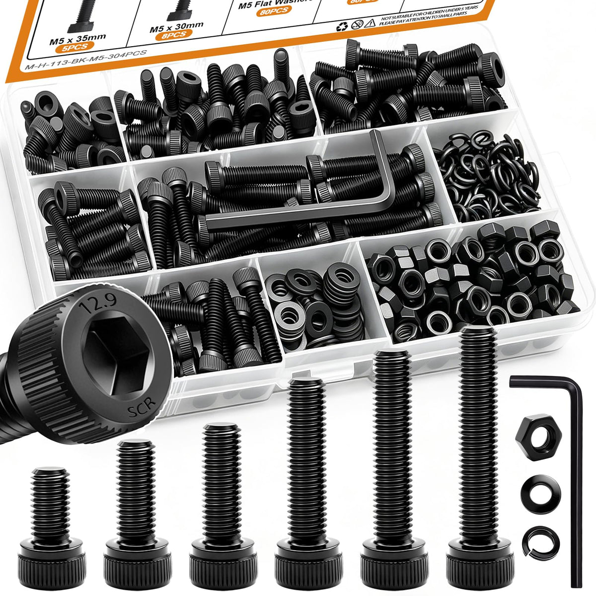 304PCS M5 Bolts Assortment Kit, Hex Socket Head Cap Screws Nuts