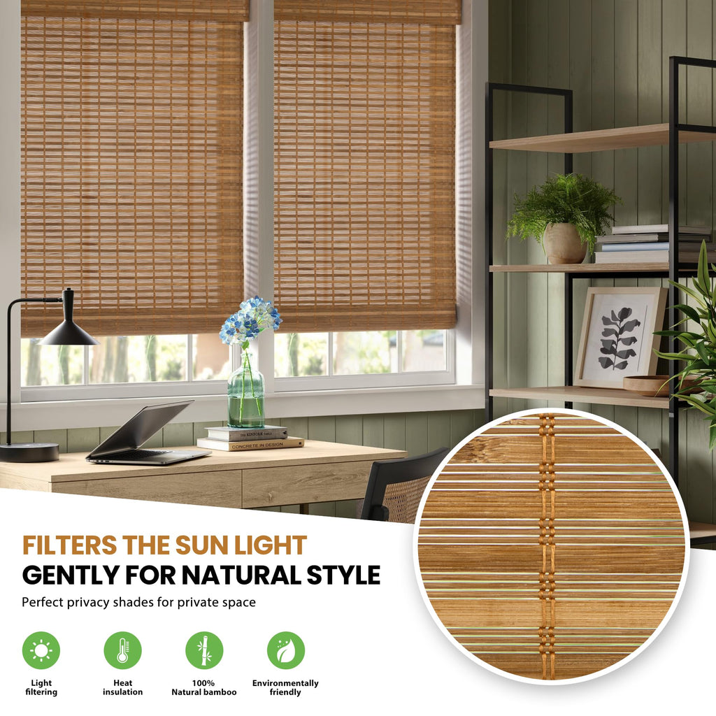 No Drill Bamboo Roman Shades, 20x64, Squirrel