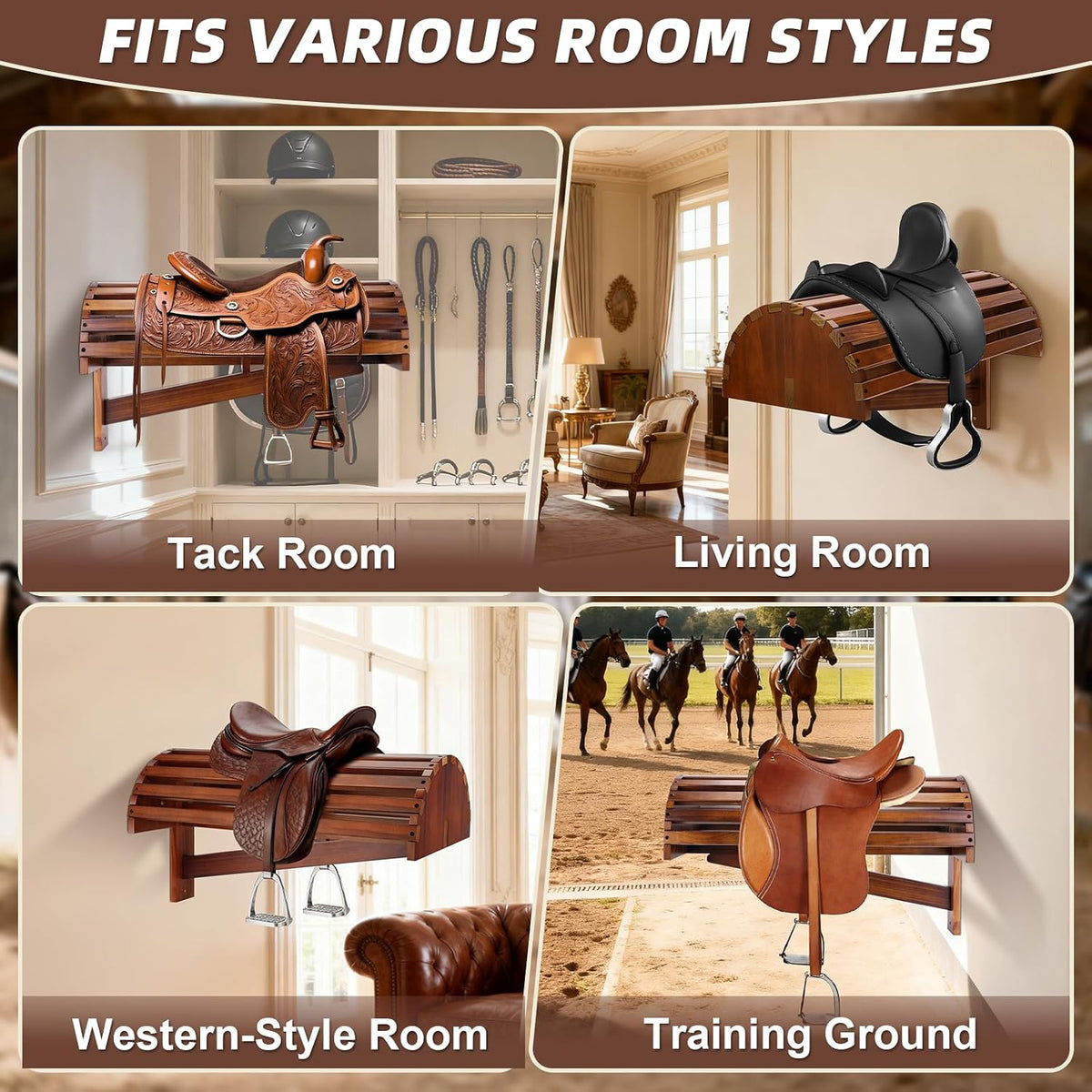 Wall-Mounted Wood Saddle Rack – Space-Saving Design with Reinforced Crossbars, Non-Abrasive Surface, Heavy-Duty