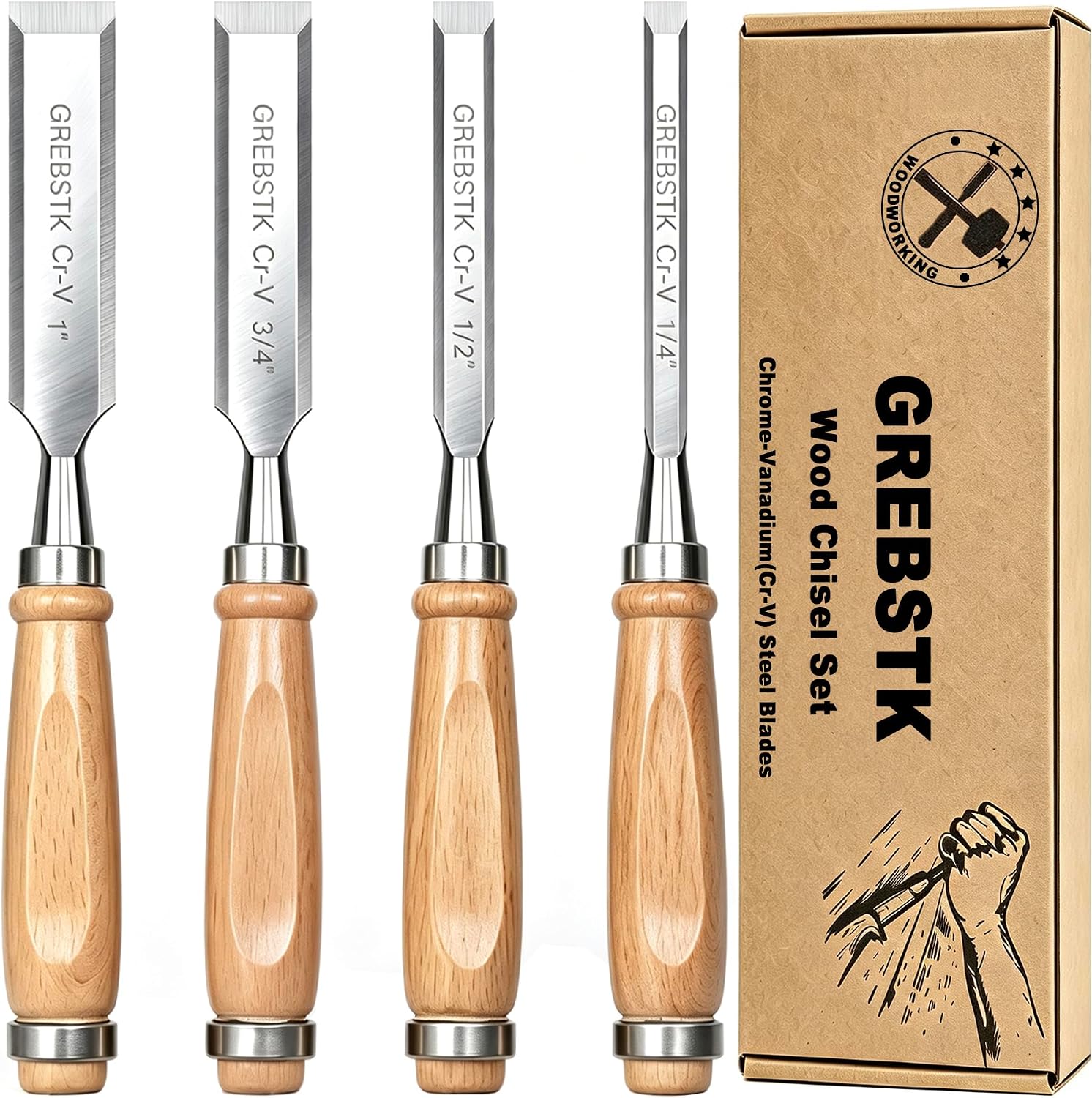 4 Piece Wood Chisel Set CR-V Steel Sharp Bevel Edge for Woodworking | Chromium Vanadium, High Hardness & Durability.