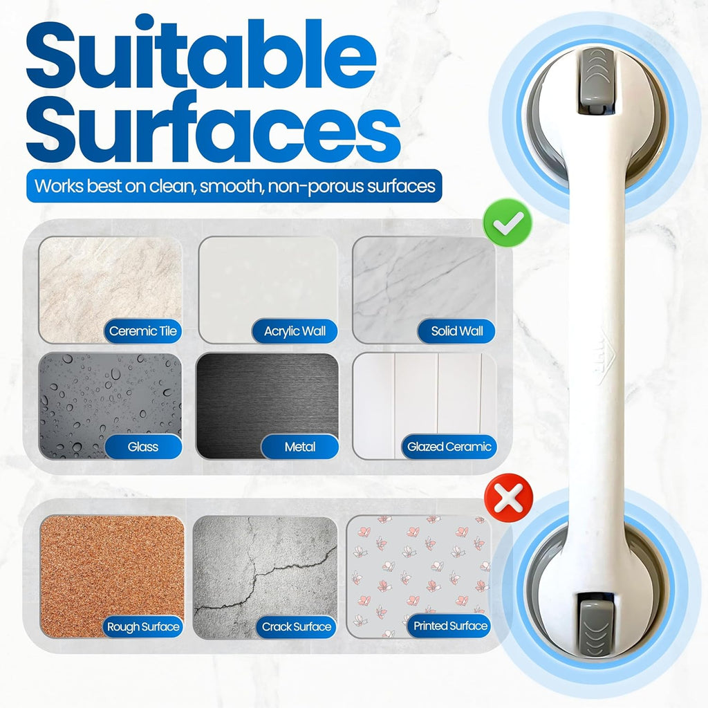 Changing Lifestyles Suction Cup Grab Bars For Bathtubs & Showers; Safety Bathroom Assist Handle, White & Grey, 16 Inches