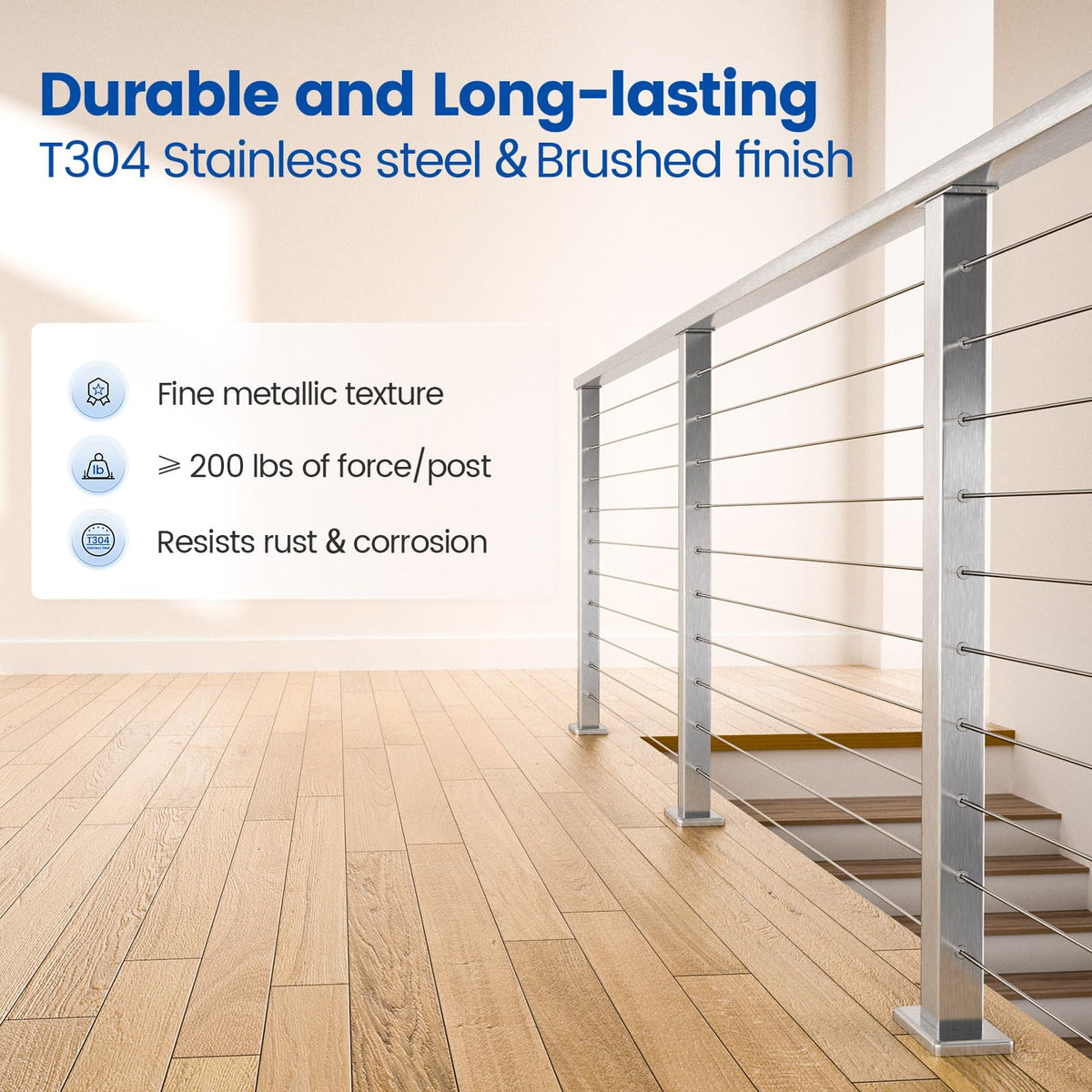 36" Brushed Cable Railing Post Surface Mount Level Drilled PS02 LH4S