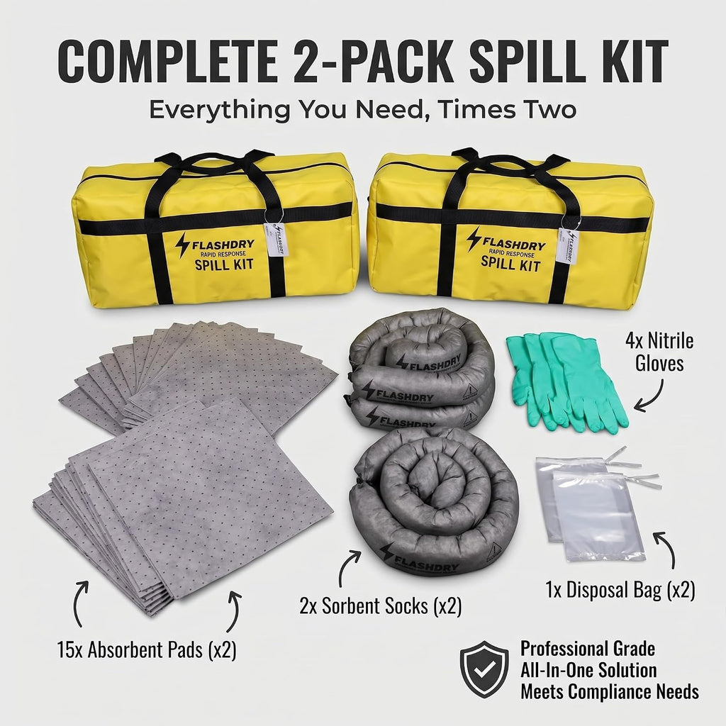 FlashDry Portable Universal Spill Kit Bag, Hazardous Clean Up Kit - 2 Kits