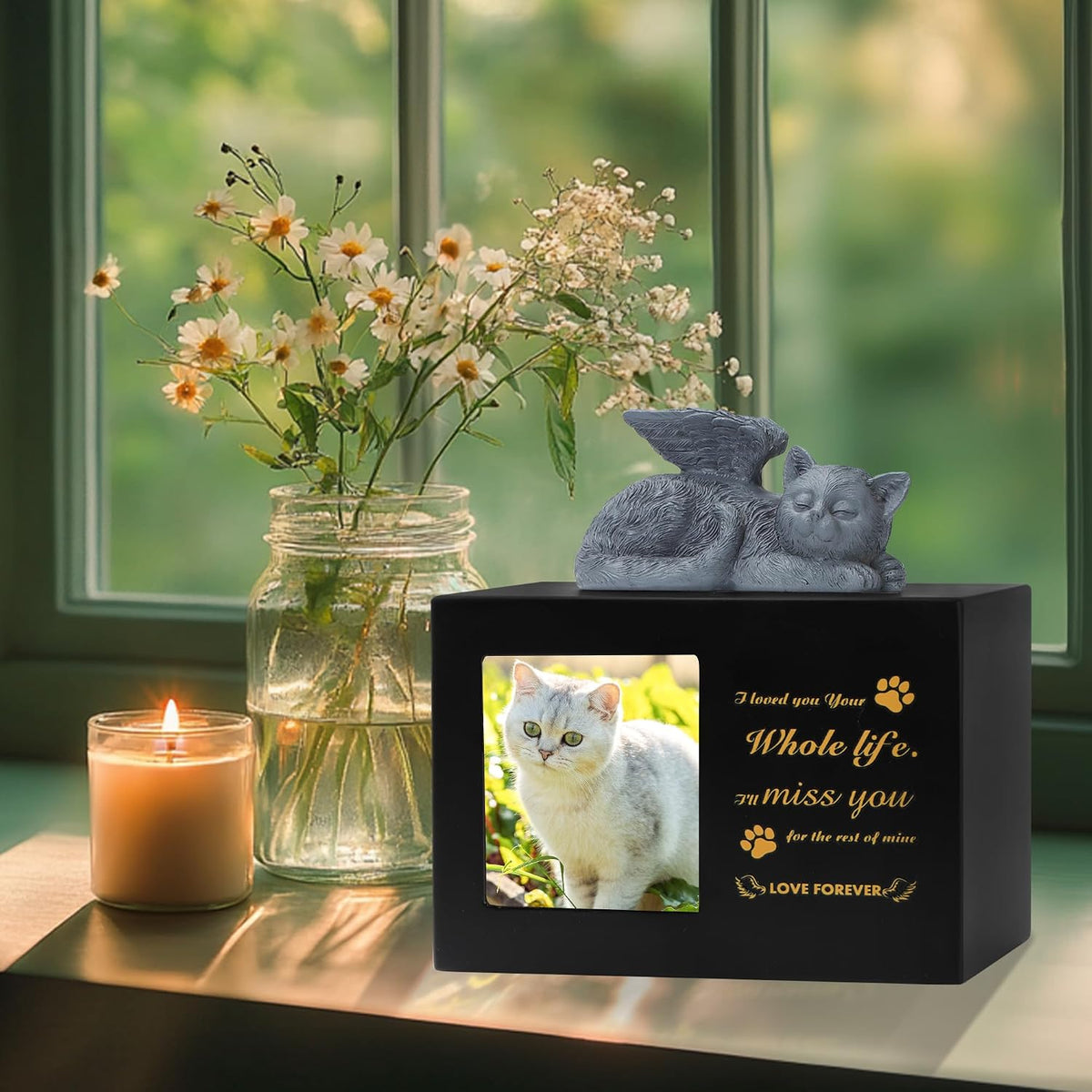 Pet Urn for Cat Ashe, Black Wooden Keepsake for Hair