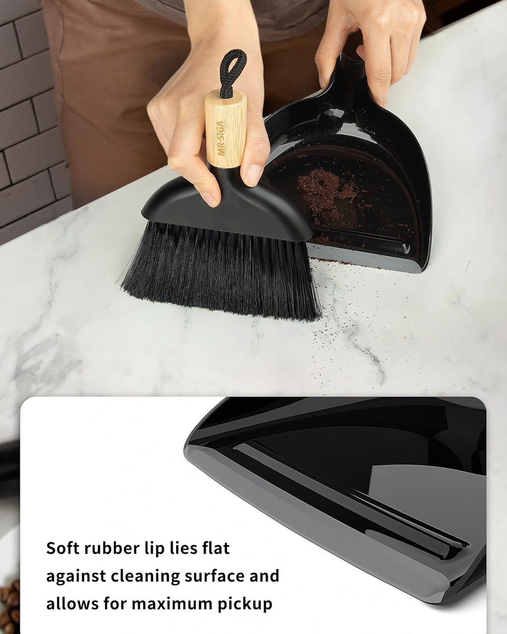 Mini Dustpan and Brush Set, Portable Cleaning Brush and Dustpan Combo with Bamboo Handle, Black, 1 Set