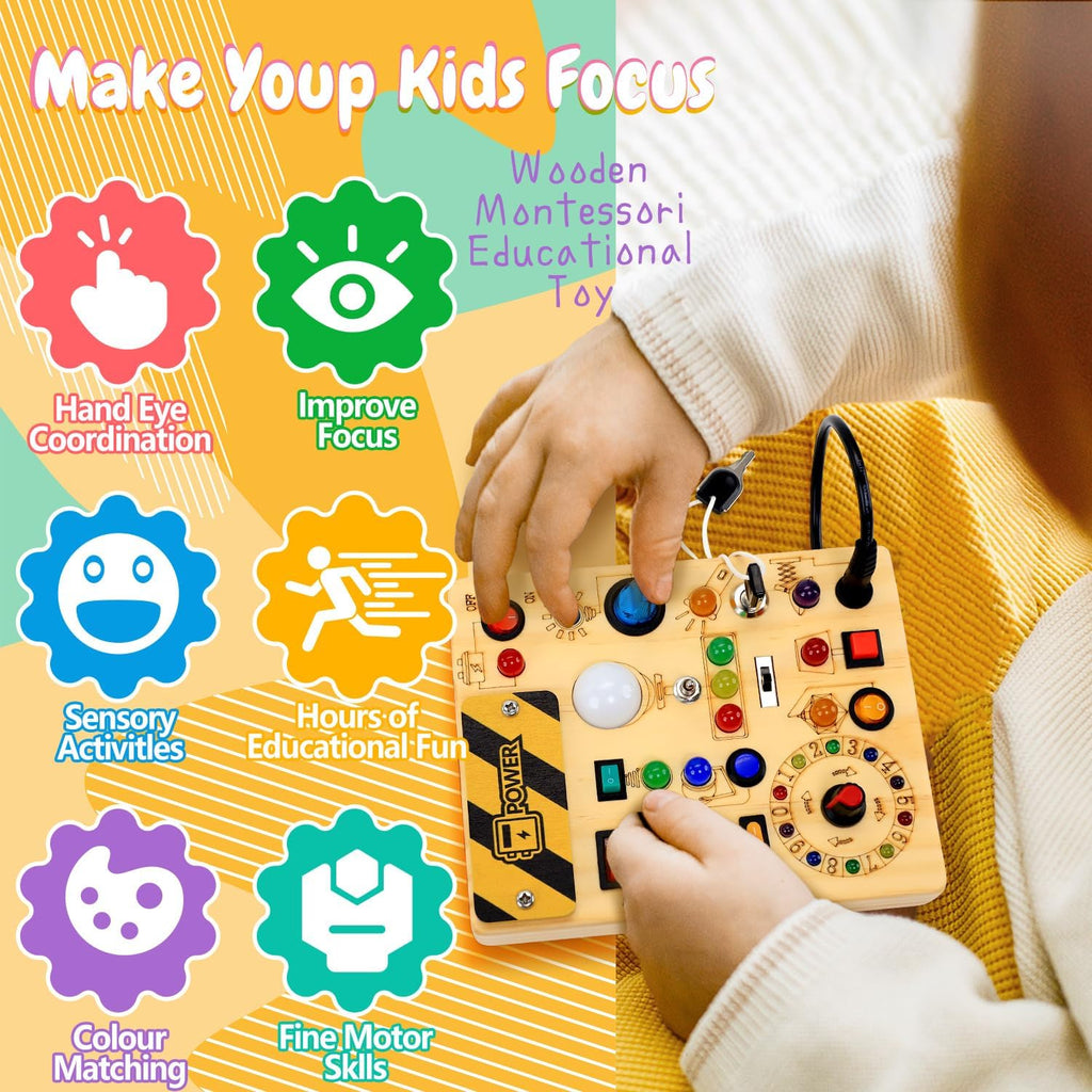 Busy Board with LED Light Switches, Montessori Toys for 1 2 3 Years Old, Toddlers Wooden Toy Sensory Activity Board