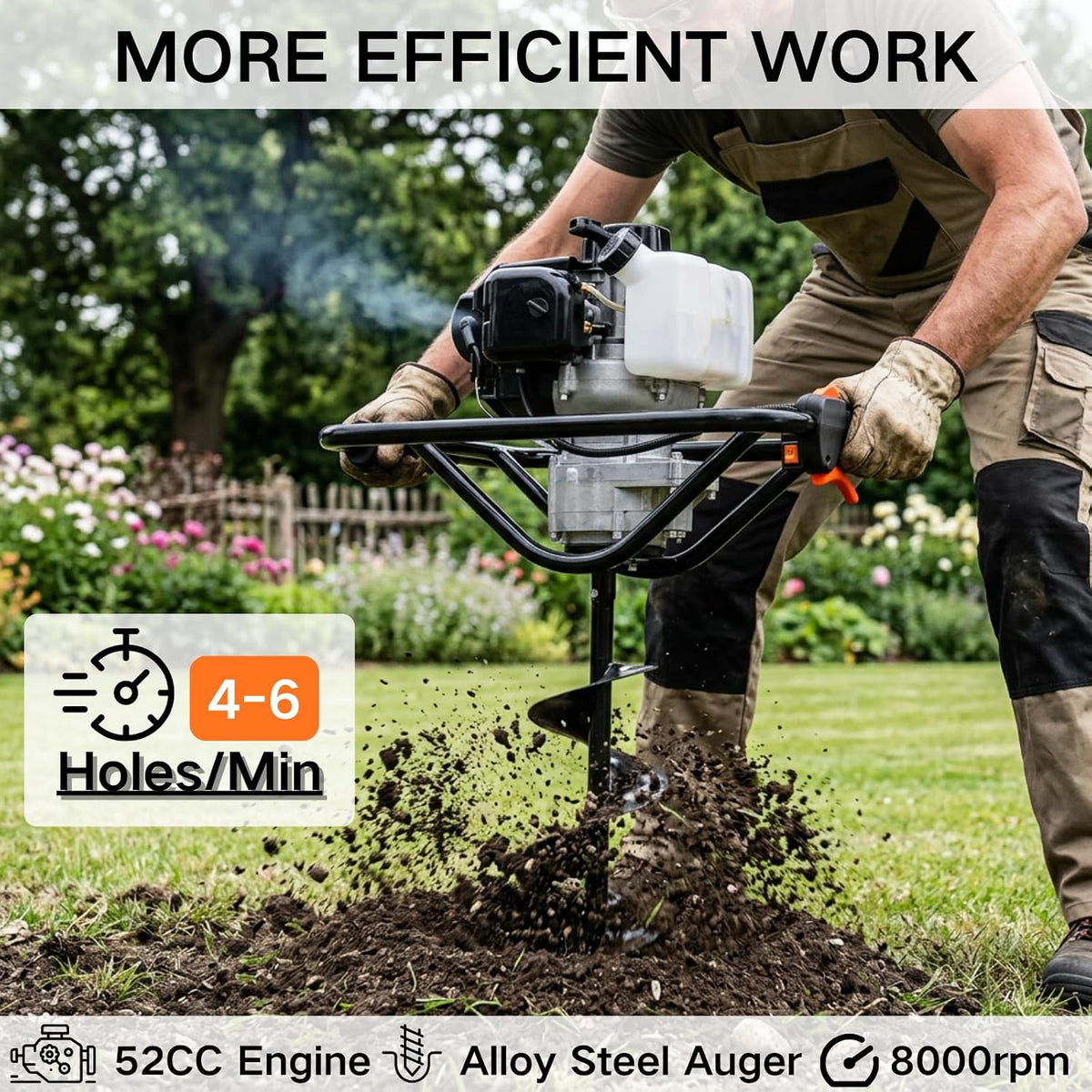 Post Hole Digger, 52cc 1800W Gas Powered Earth Auger Earth Digger, Auger Post Hole Digger with Two Drill Bit 6" & 10"