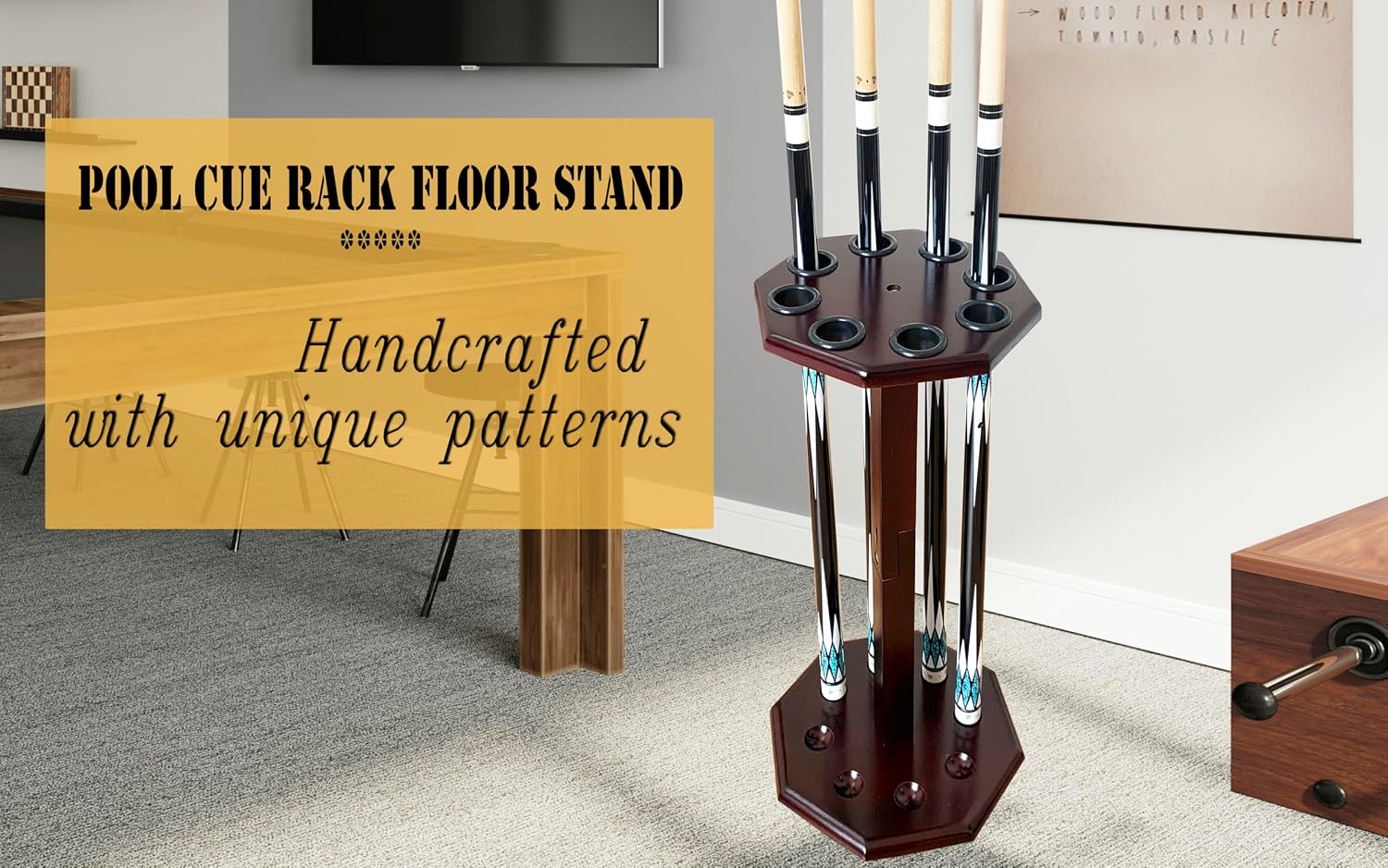 Freestanding Billiard Cue Rack, Pool Table Accessories Hold 8 Cues, Pool Cue Stick Holder, Wooden Floor Stand Pool