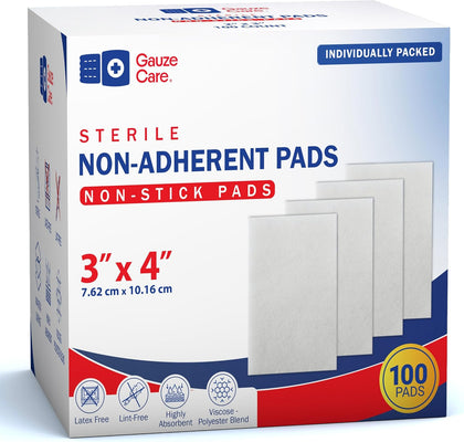 3x4 Inch - Pack 100 Non-Stick Gauze Pads for Wounds, Non-Adherent, Highly Absorbent, Painless Removal, Individually