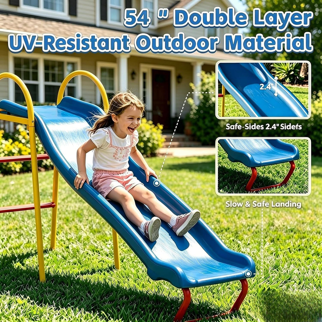 Swing Set for Backyard, 3 in 1 Metal A-Frame Swing Set with Slide, Saucer Swing & Belt Swing for Kids, Outdoor