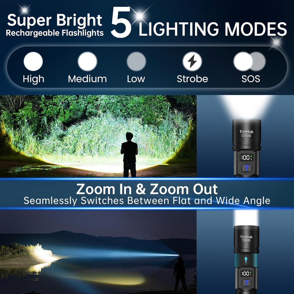 Rechargeable Flashlights 2 Pack, Super Bright High Lumens Flash Light, 5 Modes Zoomable Linternas with LCD Digital