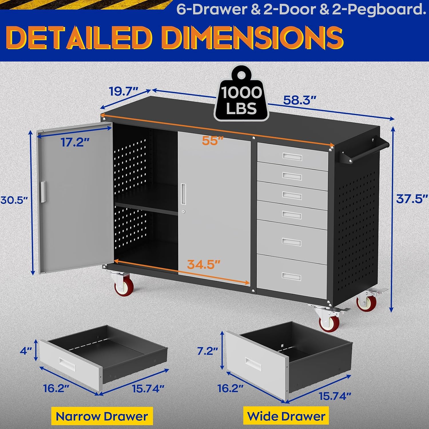 55" W Rolling Workbench with 6 Drawers and Storage Cabinet,1000 LB Capacity Heavy Duty Work Bench with Pegboard and