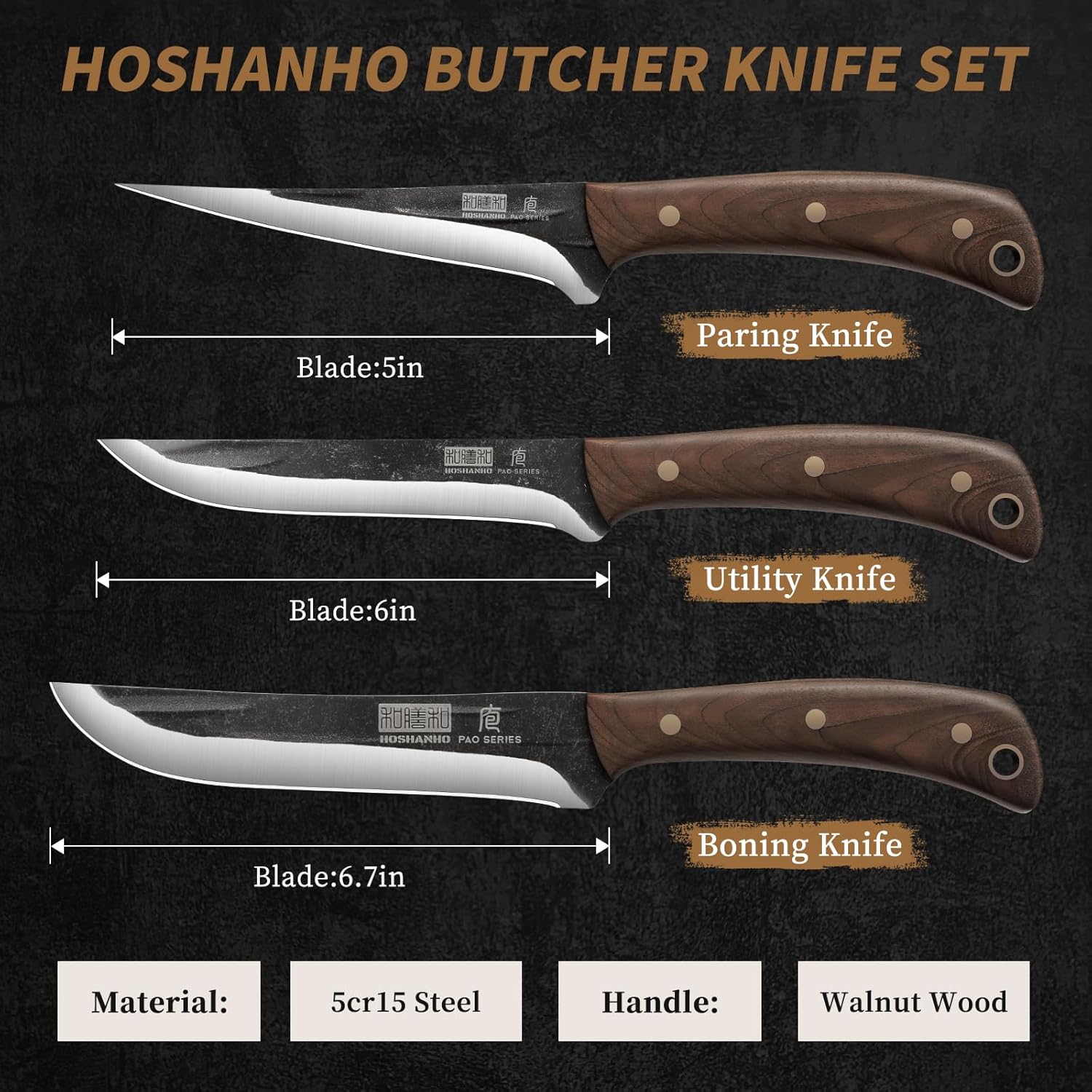 Butcher Knife Set 3PCS, Sharp Fillet & Utility & Paring Knife Set