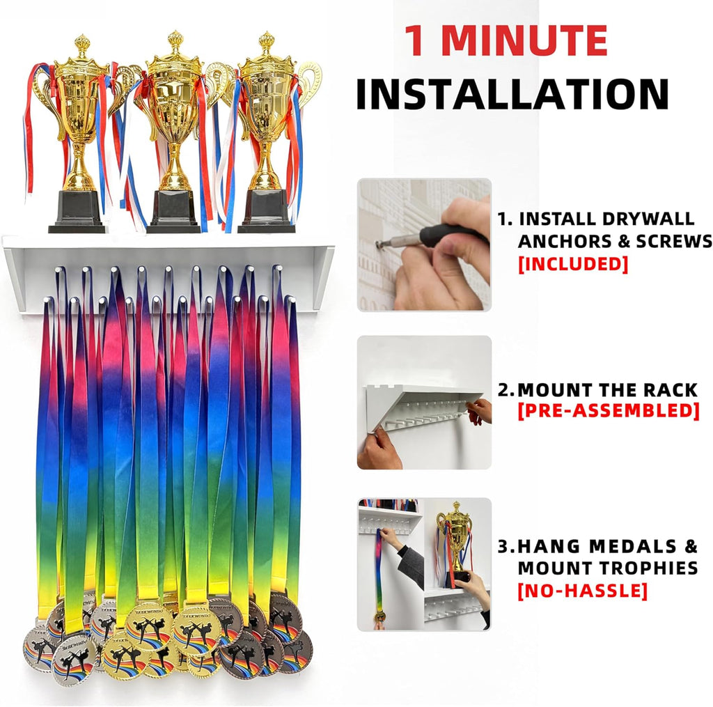 Medal Hanger Display and Trophy Shelf with Hooks - Wooden Medal Holder for Wall Mount Ribbon Display, Trophy Display