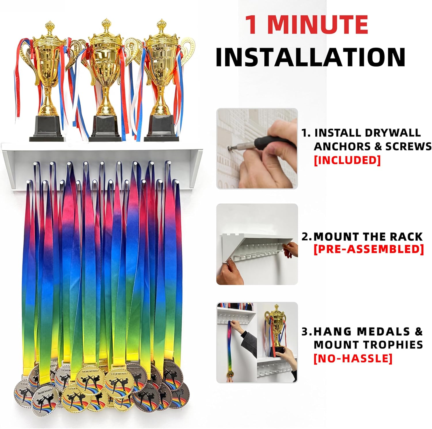Medal Hanger Display and Trophy Shelf with Hooks - Wooden Medal Holder for Wall Mount Ribbon Display, Trophy Display