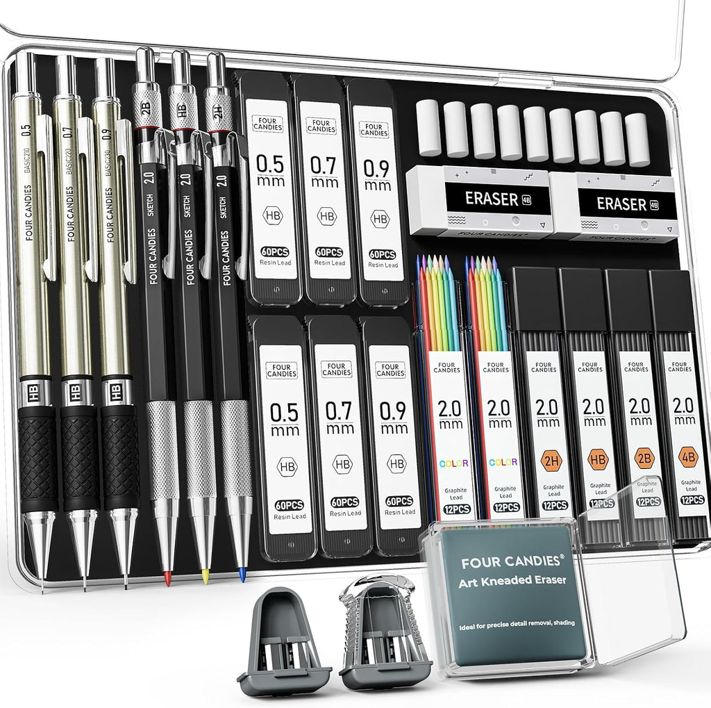 25PCS Mechanical Pencil Set, 0.5, 0.7, 0.9 & 2mm, Storage Case | 432 Lead Refills (HB 2H 2B 4B Color), Kneaded