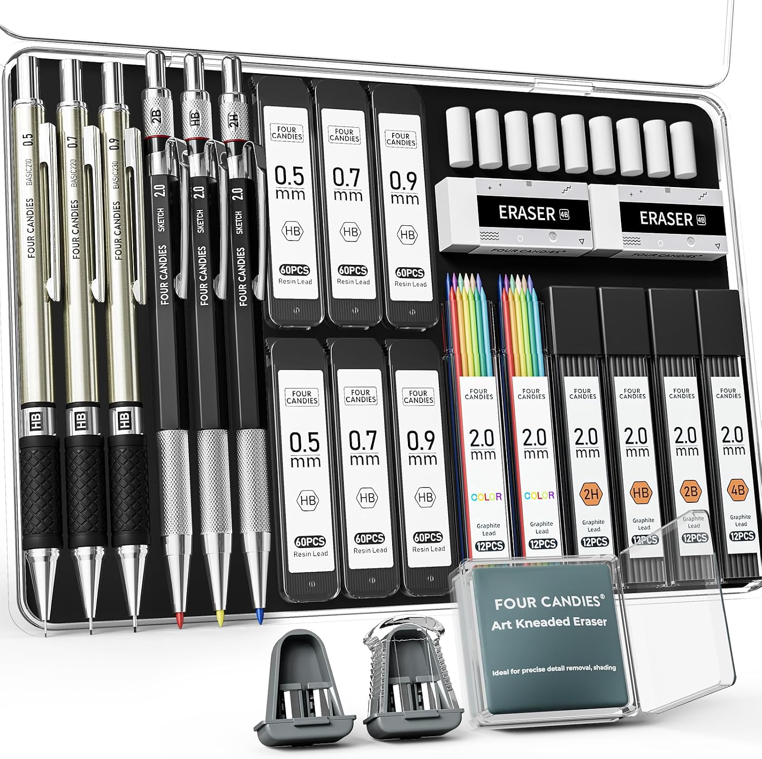 25PCS Mechanical Pencil Set, 0.5, 0.7, 0.9 & 2mm, Storage Case | 432 Lead Refills (HB 2H 2B 4B Color), Kneaded