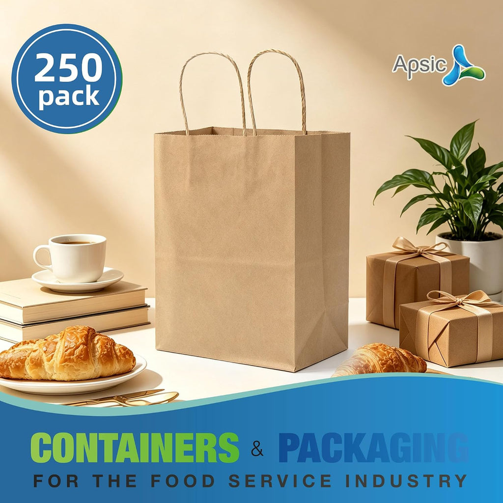 Brown Paper Bags with Handles, 250 Pack 8x4.75x10 Inch Shopping Gift Bags