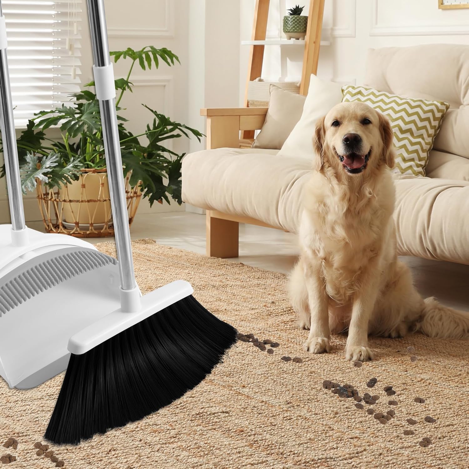 Broom with Dustpan Combo Set for Home, 52-in Long Adjustable Handle Angle Broom and Dustpan Set with Dustpan Comb