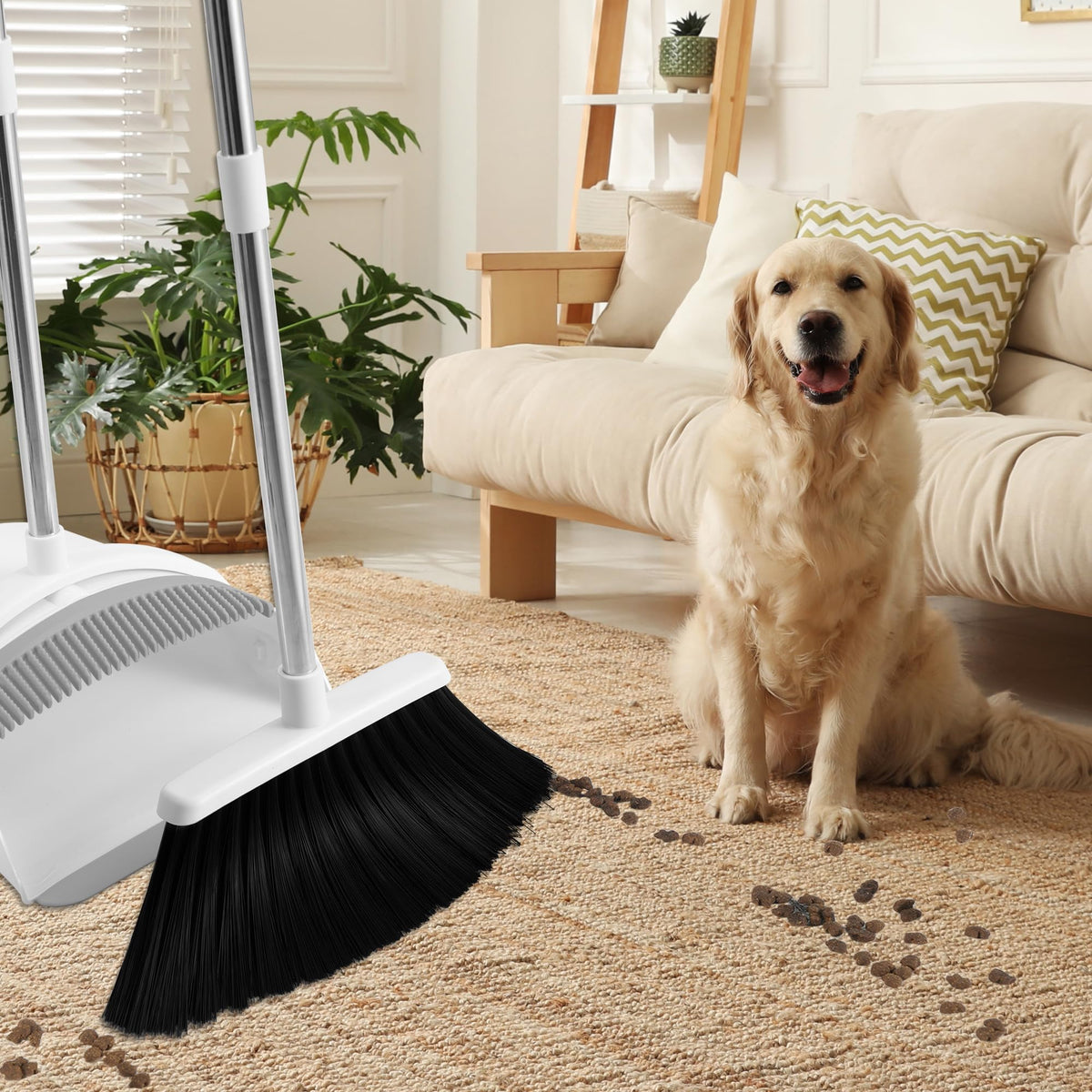 Broom and Dustpan Set, 52" Adjustable Handle Broom, White