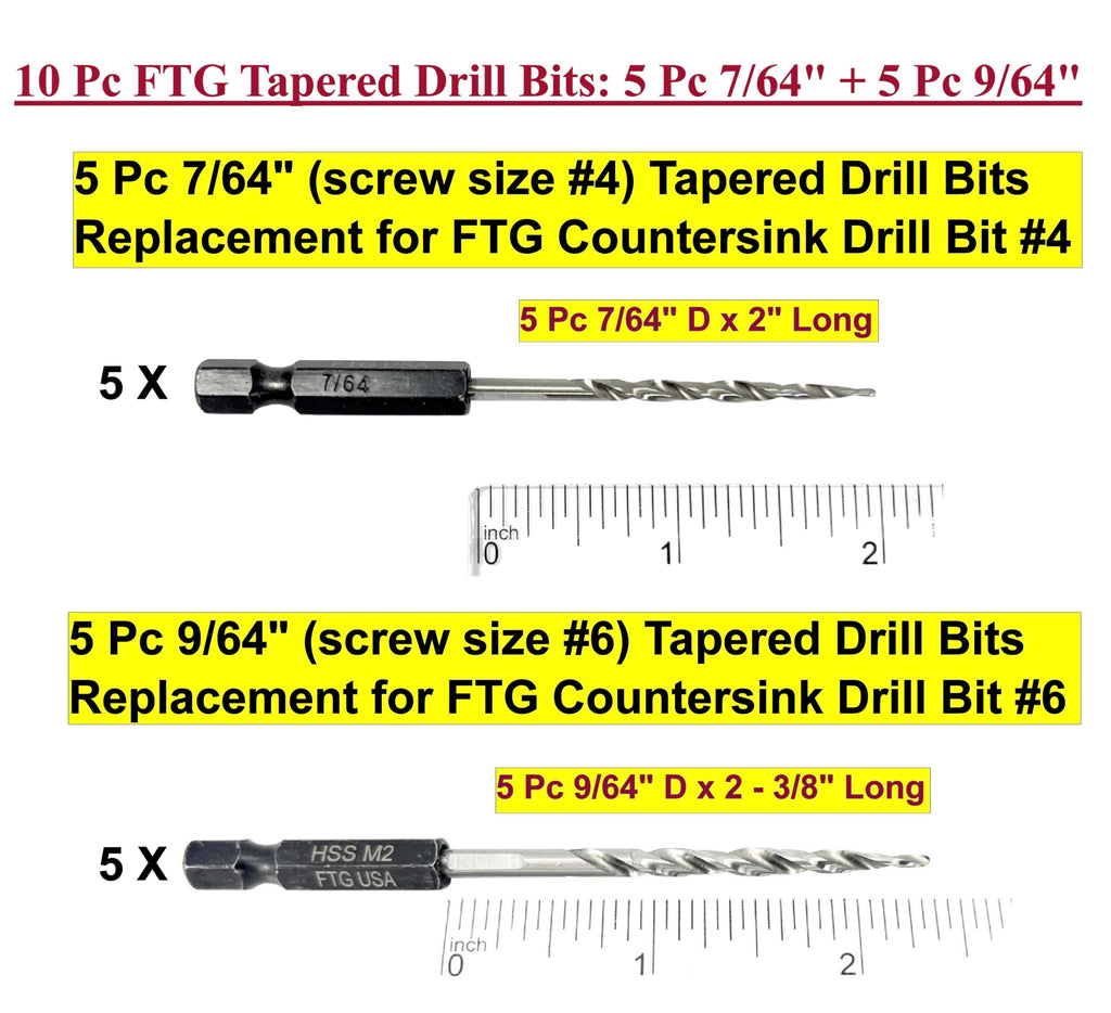 FTG USA 10 Pc #4 & #6 Tapered Drill Bits Replacement for Countersink