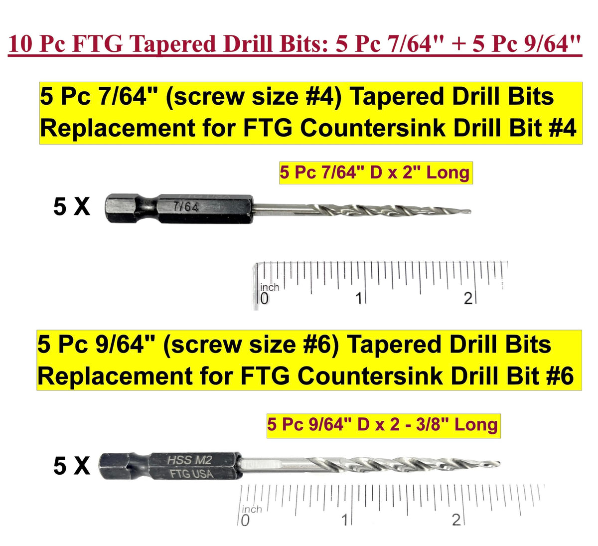 FTG USA 10 Pc #4 & #6 Tapered Drill Bits Replacement for Countersink