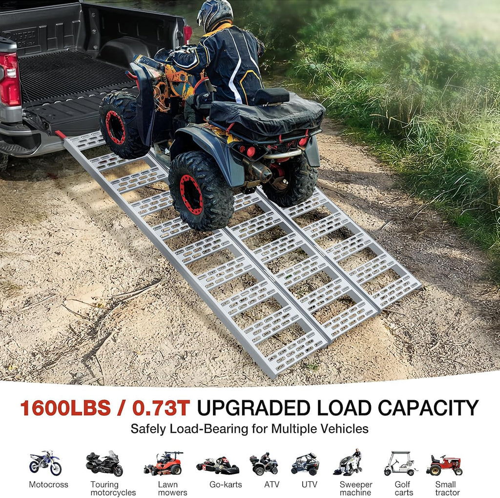 Aluminum Tri-Folding Truck Ramps 1600Lbs Max, Loading Ramps for Pickup Trucks Bed, Trailers Ramp with Load Straps for