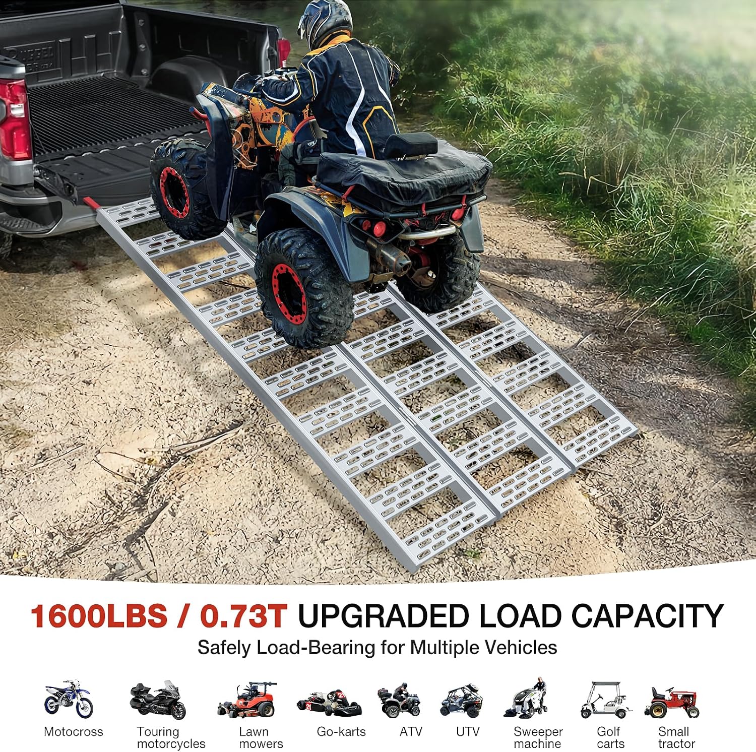 Aluminum Tri-Folding Truck Ramps 1600Lbs Max, Loading Ramps for Pickup Trucks Bed, Trailers Ramp with Load Straps for