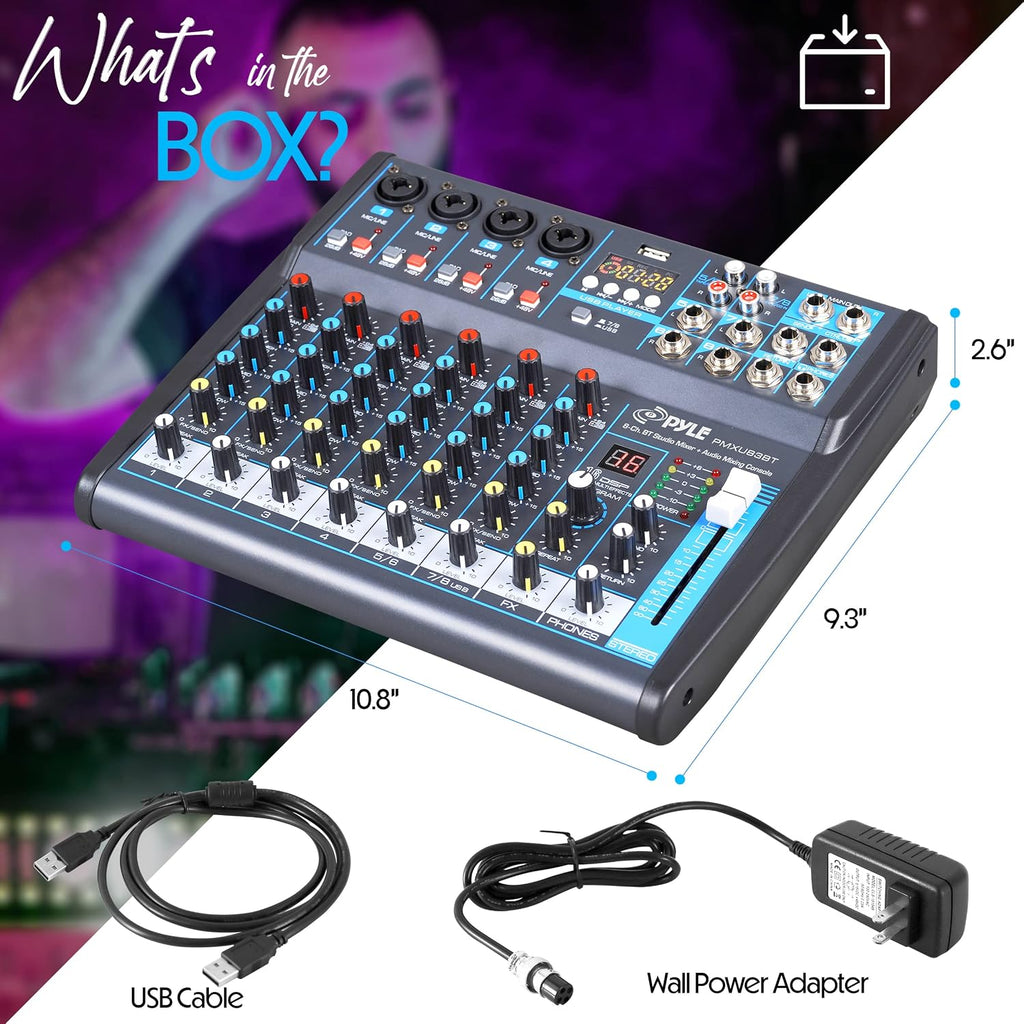 8 Channel DJ Audio Mixer, Bluetooth, DSP FX, USB, Audio Interface | +48V Phantom Power, 16Bit DSP Processor, USB-A