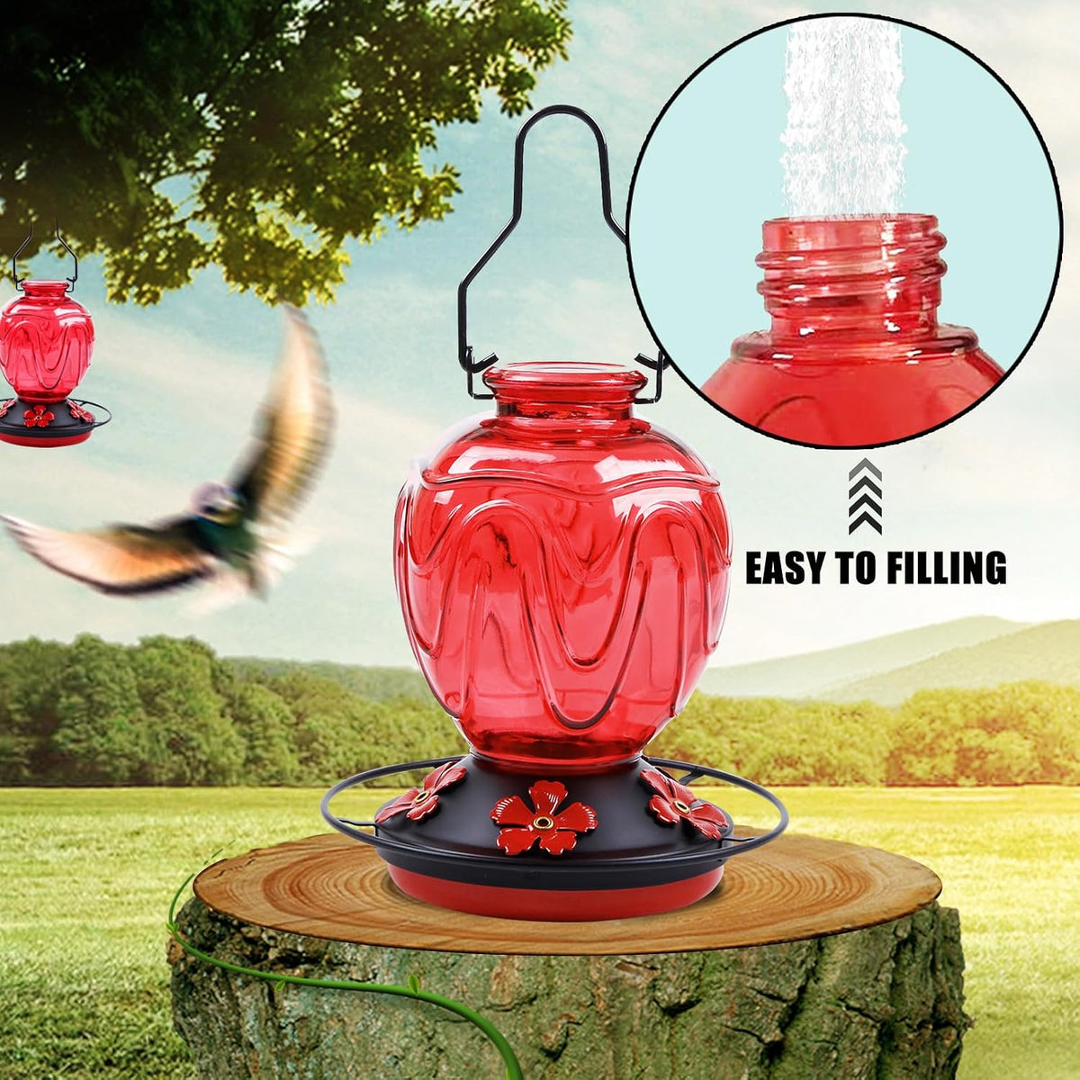 Glass Hummingbird Feeder for Outdoors Hanging, 24Ozs Humming Bird Nectar Feeder w/Perch, 5 Flower Feeding Ports, Leak