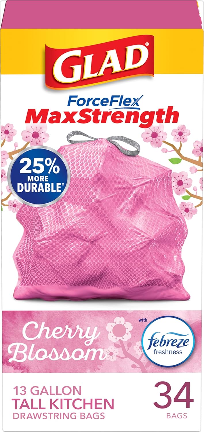 Tall Kitchen Trash Bags 13 Gallon, MaxStrength Cherry Blossom Garbage Bags, Odorshield with Drawstring, 34 Count
