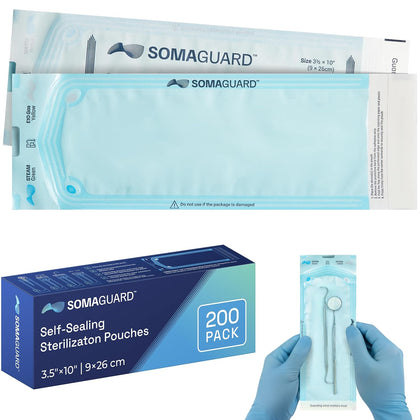Self-Sealing Sterilization Pouches - 3.50 × 10" - (200 Pack) - Steam Autoclave & EO Indicators - Triple Sealed