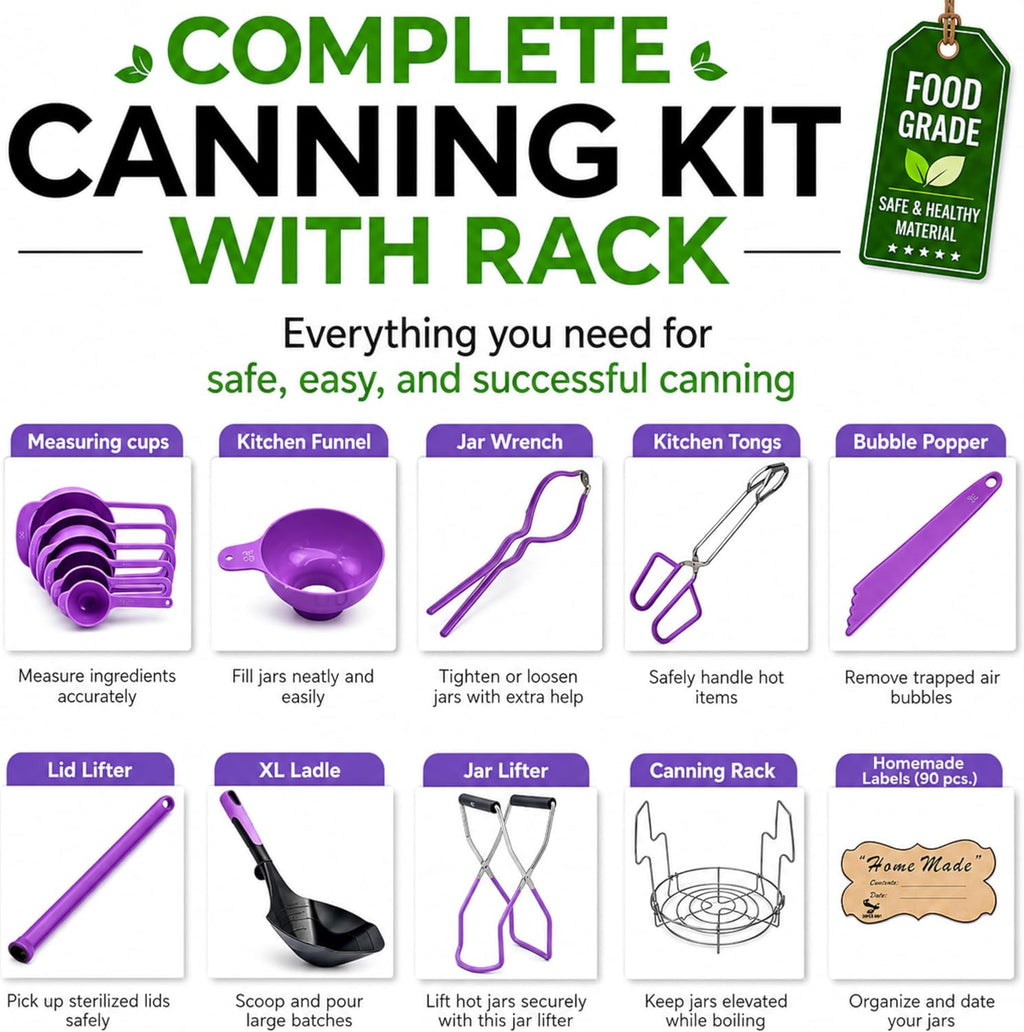 Canning Supplies Starter Kit- Canner Accessories with Canning Rack for Jars, XL Ladle,Wide Mouth Jar Funnel,Jar